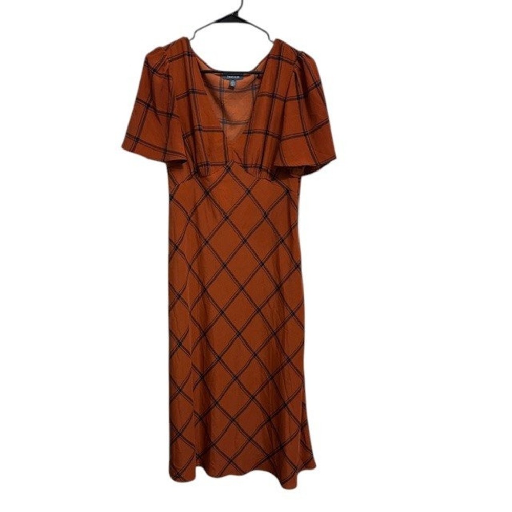 ModCloth Orange Plaid Flutter Sleeve V Neck Midi Dress Womens‎ M - Picture 4 of 16